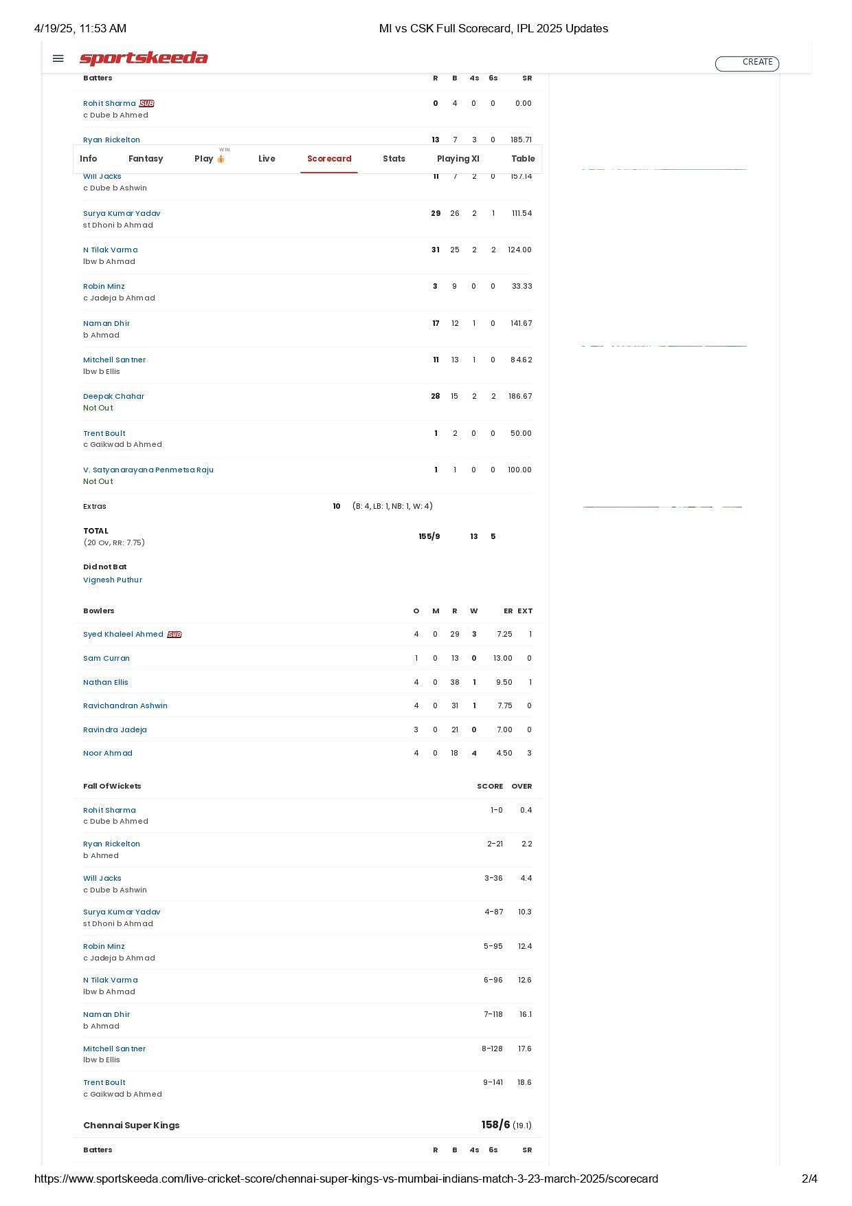 MI vs CSK IPL 2025 scorecard.